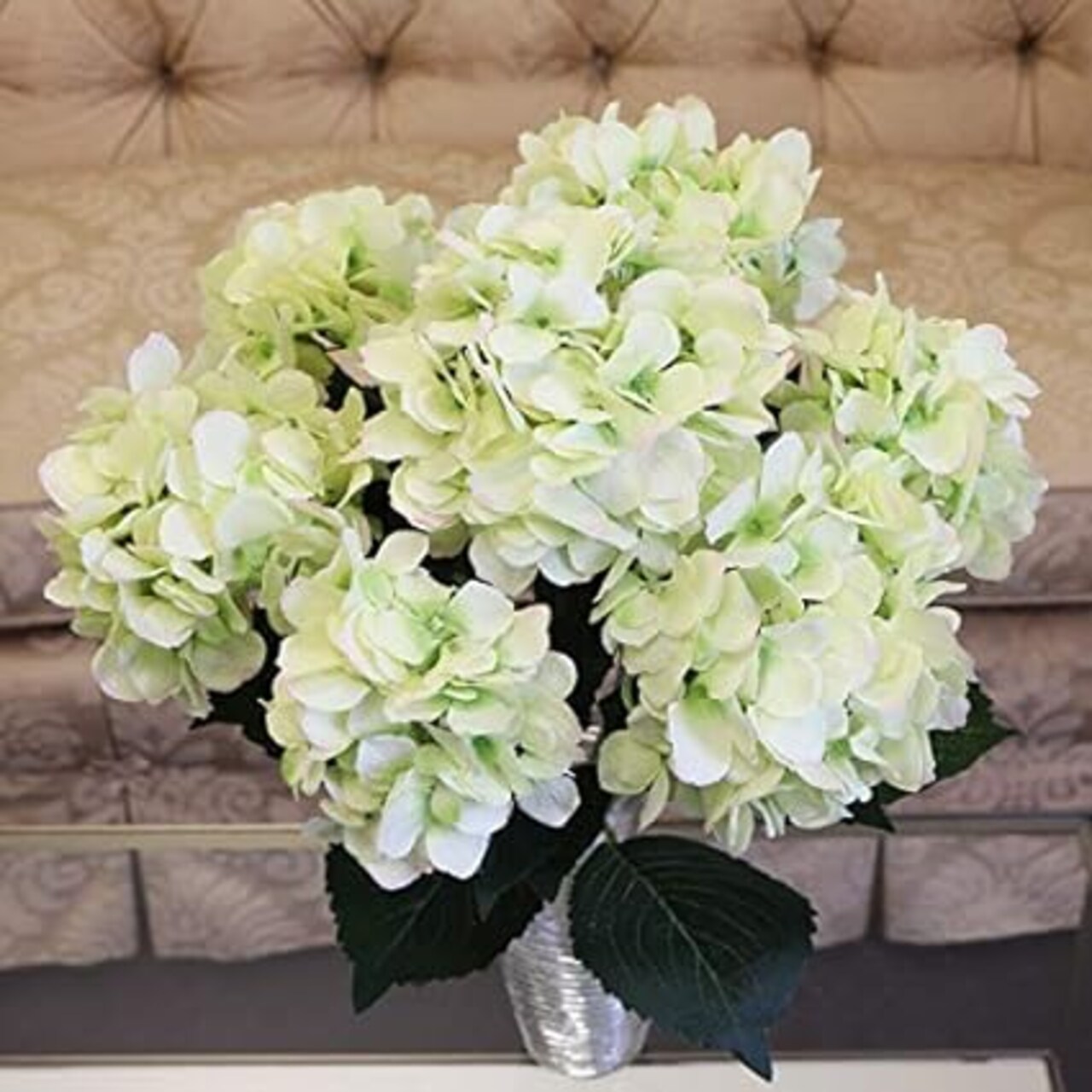 Green Hydrangea Flower Bush - 7 Bloom Heads, Lifelike Silk Flowers, Perfect for Bouquets, Centerpieces & Home Décor - Spring & Wedding Accents, Floral Home by Artificial Flowers